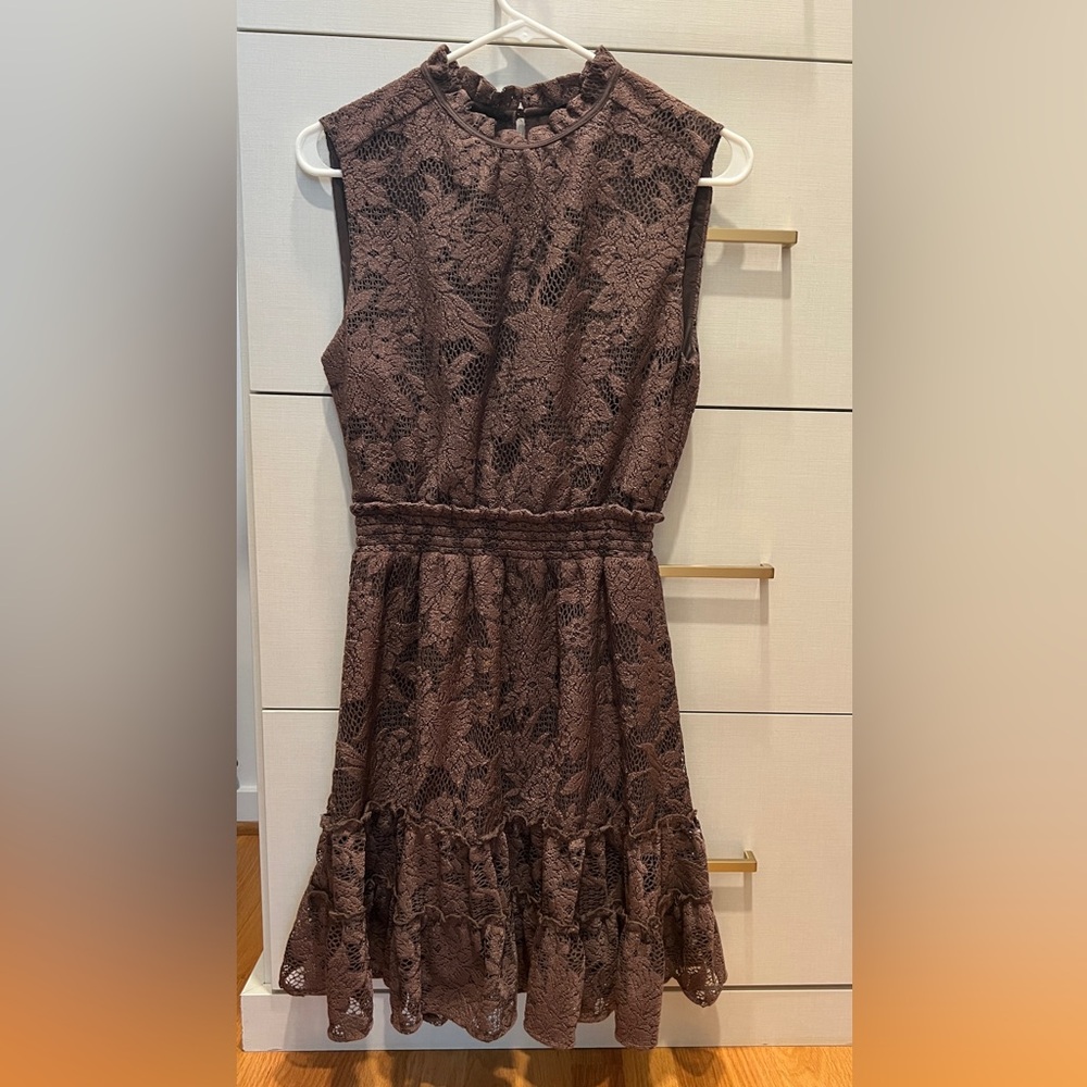 DREW Brown Lace Sleeveless Mini Dress